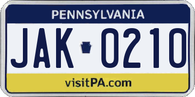 PA license plate JAK0210