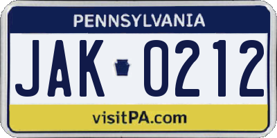 PA license plate JAK0212