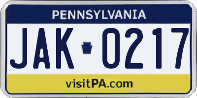 PA license plate JAK0217