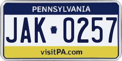 PA license plate JAK0257