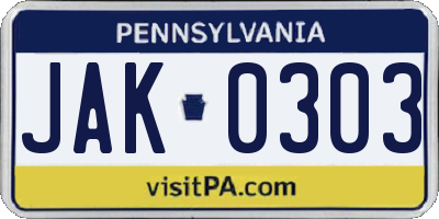 PA license plate JAK0303