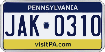 PA license plate JAK0310