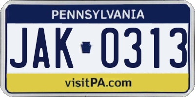 PA license plate JAK0313