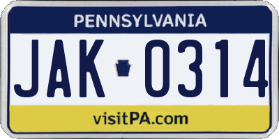 PA license plate JAK0314