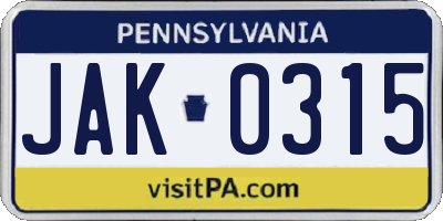 PA license plate JAK0315