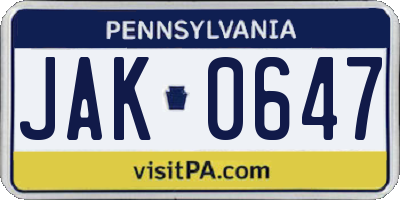 PA license plate JAK0647