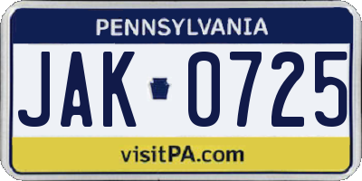 PA license plate JAK0725