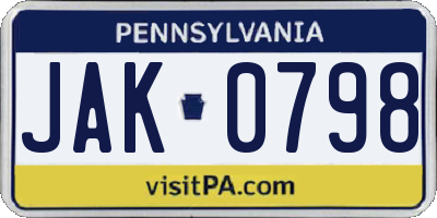 PA license plate JAK0798