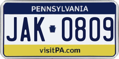 PA license plate JAK0809