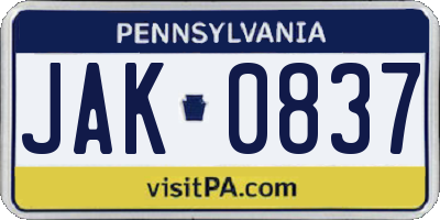 PA license plate JAK0837