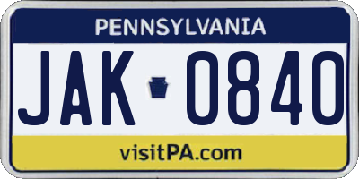 PA license plate JAK0840