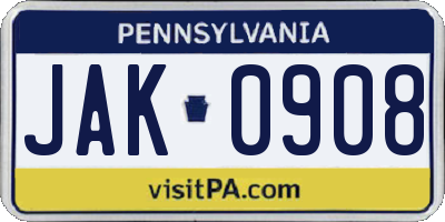 PA license plate JAK0908