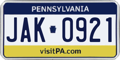 PA license plate JAK0921