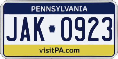 PA license plate JAK0923