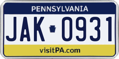 PA license plate JAK0931
