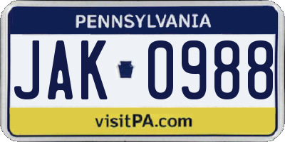 PA license plate JAK0988
