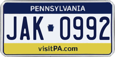 PA license plate JAK0992