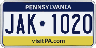 PA license plate JAK1020