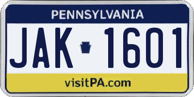 PA license plate JAK1601