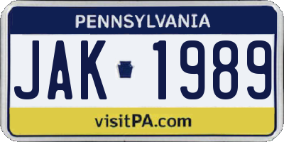 PA license plate JAK1989