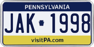 PA license plate JAK1998