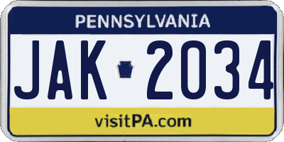 PA license plate JAK2034
