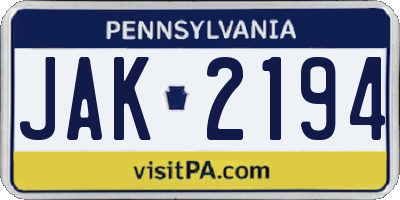 PA license plate JAK2194