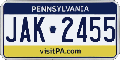 PA license plate JAK2455