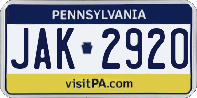PA license plate JAK2920