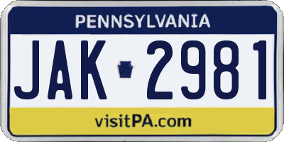 PA license plate JAK2981