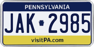 PA license plate JAK2985