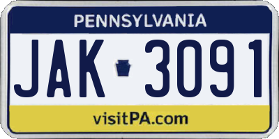PA license plate JAK3091