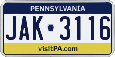 PA license plate JAK3116
