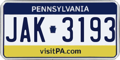PA license plate JAK3193