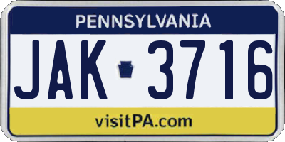 PA license plate JAK3716