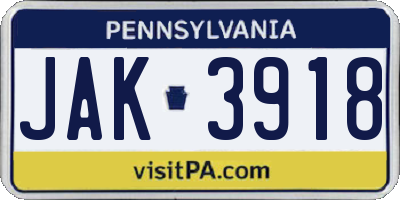 PA license plate JAK3918