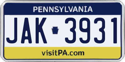 PA license plate JAK3931