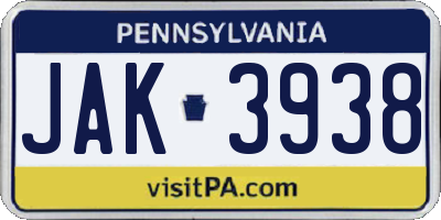 PA license plate JAK3938