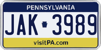 PA license plate JAK3989