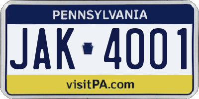 PA license plate JAK4001