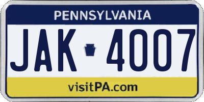 PA license plate JAK4007