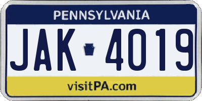 PA license plate JAK4019
