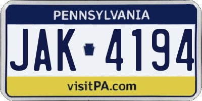 PA license plate JAK4194