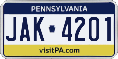 PA license plate JAK4201