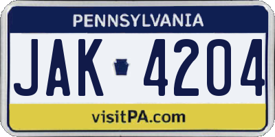 PA license plate JAK4204