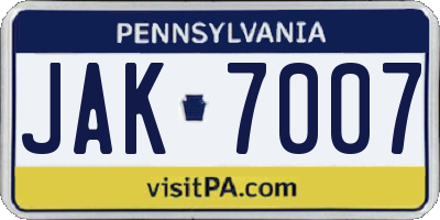 PA license plate JAK7007