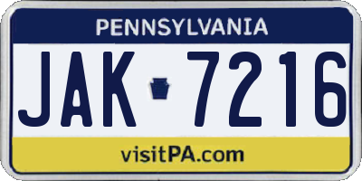 PA license plate JAK7216
