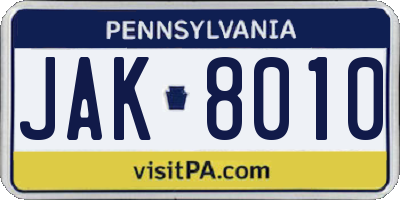 PA license plate JAK8010