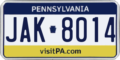 PA license plate JAK8014