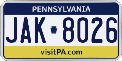 PA license plate JAK8026